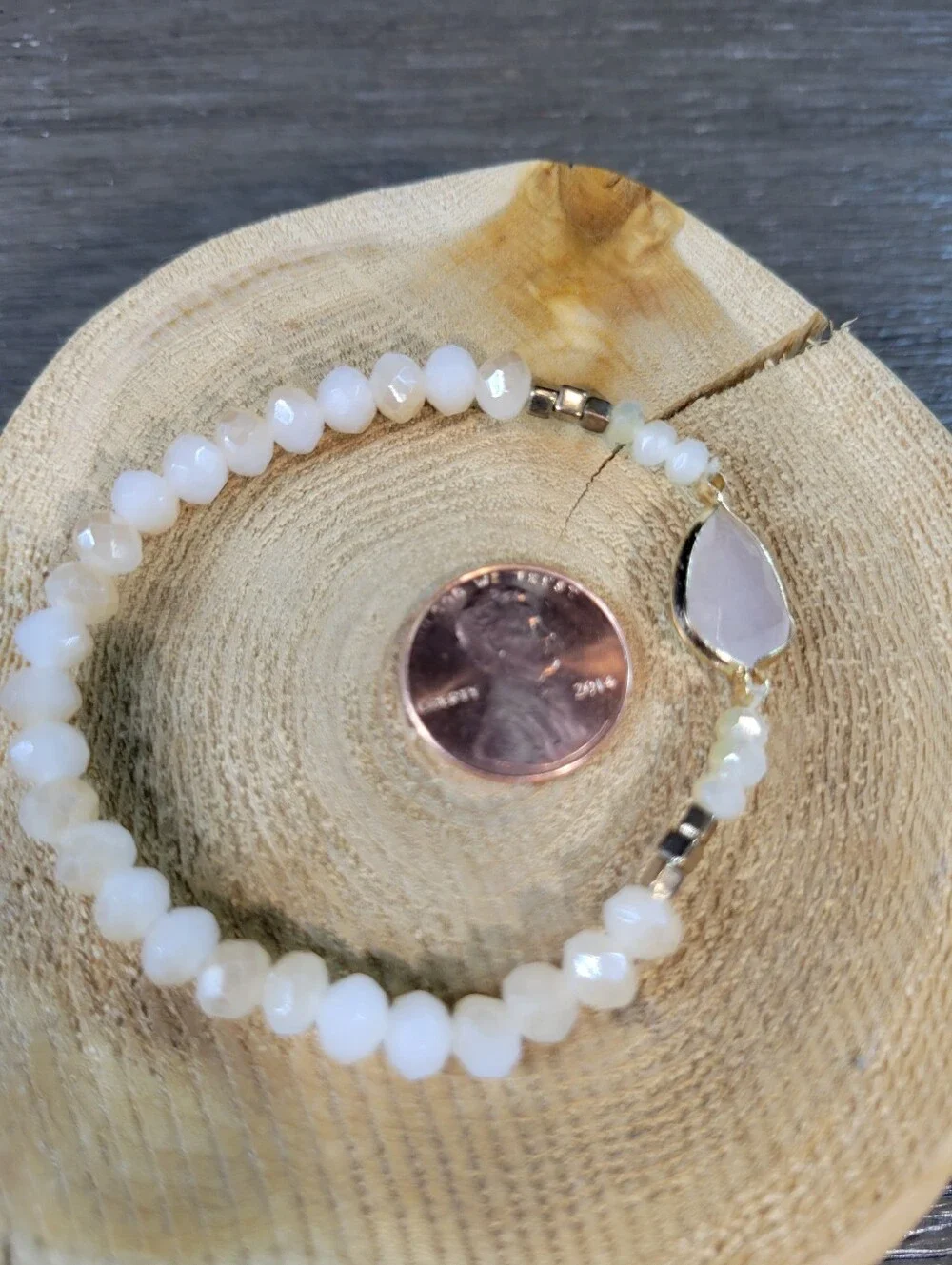 Handmade Peach & White Opal Glass Beaded Stretch Bracelet - One Size Fits Most